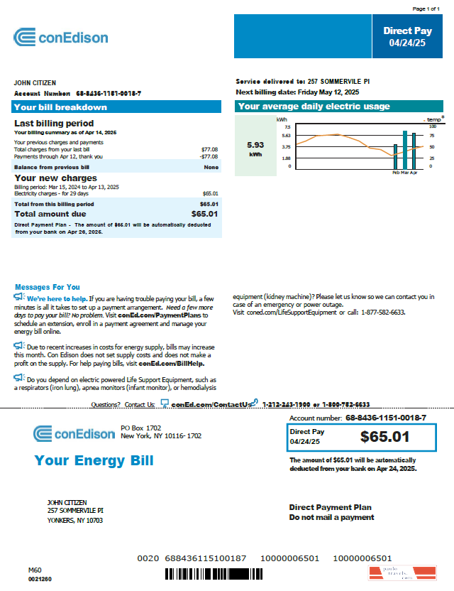USA Conedison utility bill template in Word and PDF formats, version 2